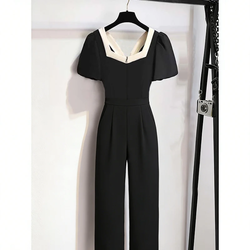 

Elegant Summer 2026 Women's Hepburn Style One-Piece Suit with Square Collar And Bubble Sleeves High Waist Wide Leg Pants