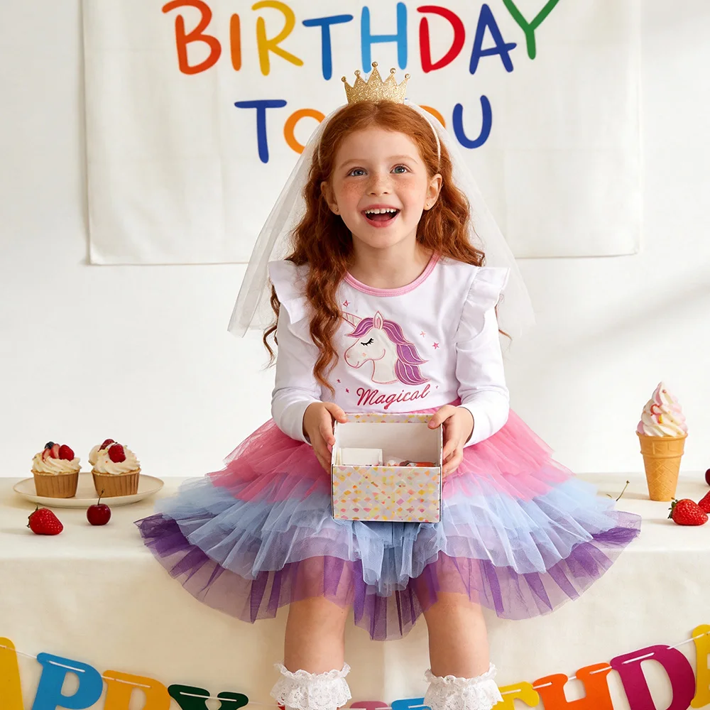 Mädchenkleid mit Einhorn-Stickerei, Langarm, Kinderkleid mit Farbverlauf, Ombre-Tüll-Tutu, Prinzessinnen-Partykleid für Körpergröße 116-128 cm – Detail 2