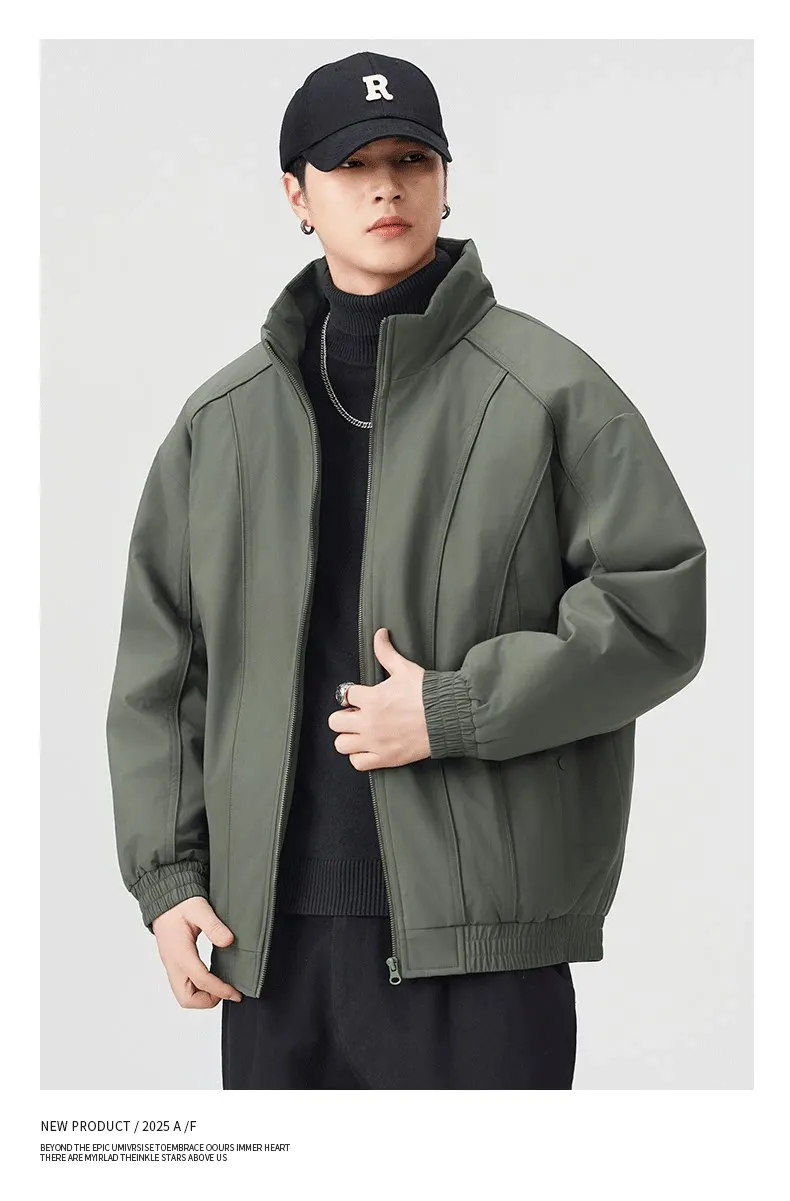 DUKEEN Men's Winter Padded Bomber Jacket Stand Collar Windproof Casual Coat Loose Fit Warm Streetwear Jacket