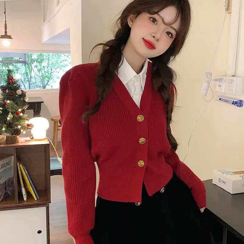 Autumn and Winter Woman's Clothes Red Sweater Korean Vintage Retro V-neck Puff Sleeve Waist Niche Fashion Trend All-match Lively