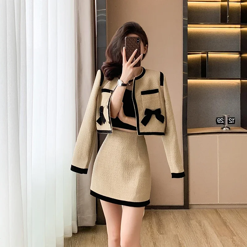 

New Korean Chic Vintage Small Fragrance Tweed Spliced Bow Short Coat + Sweet A Line High Waist Skirt Suit Womens Two Peice Sets