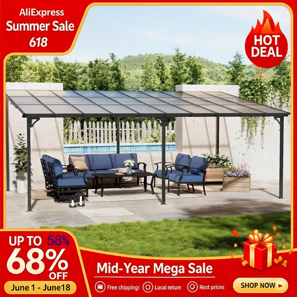 

Lean to Gazebo, Hardtop Wall Mounted Gazebo with Sloped Polycarbonate Roof, Awnings for Outside with Metal Frame, Pergola Custom