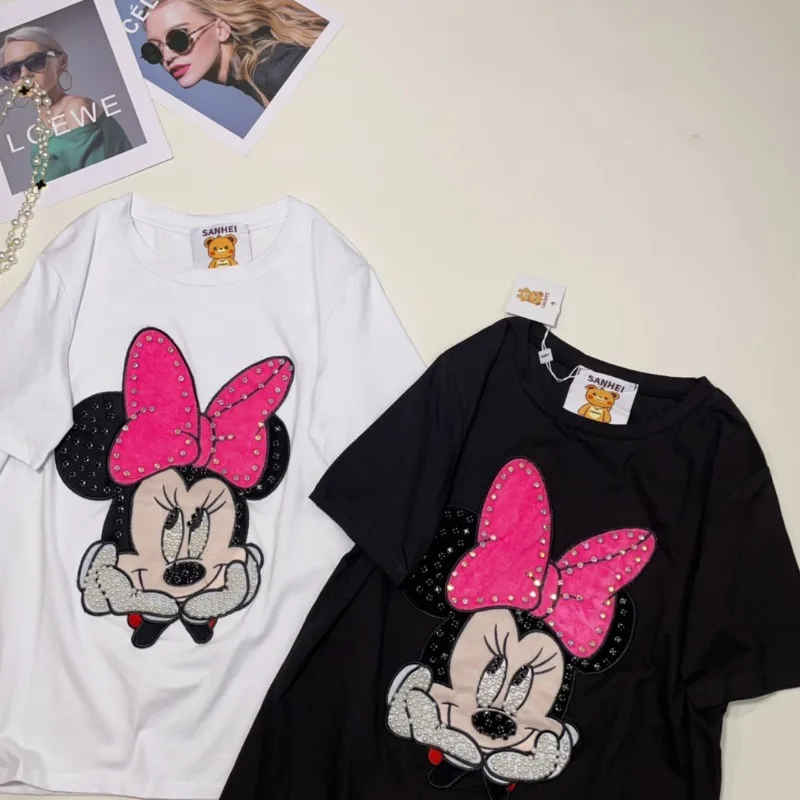  Chic Spring And Summer Tees New Korean Style Fashion Bead Cartoon Patch All-Matching Loose Short Sleeve T-shirt Female
