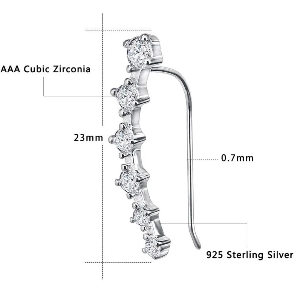 Brincos S925 prata esterlina, algemas, escalador de argola, brinco hipoalergênico, 7 cristais
