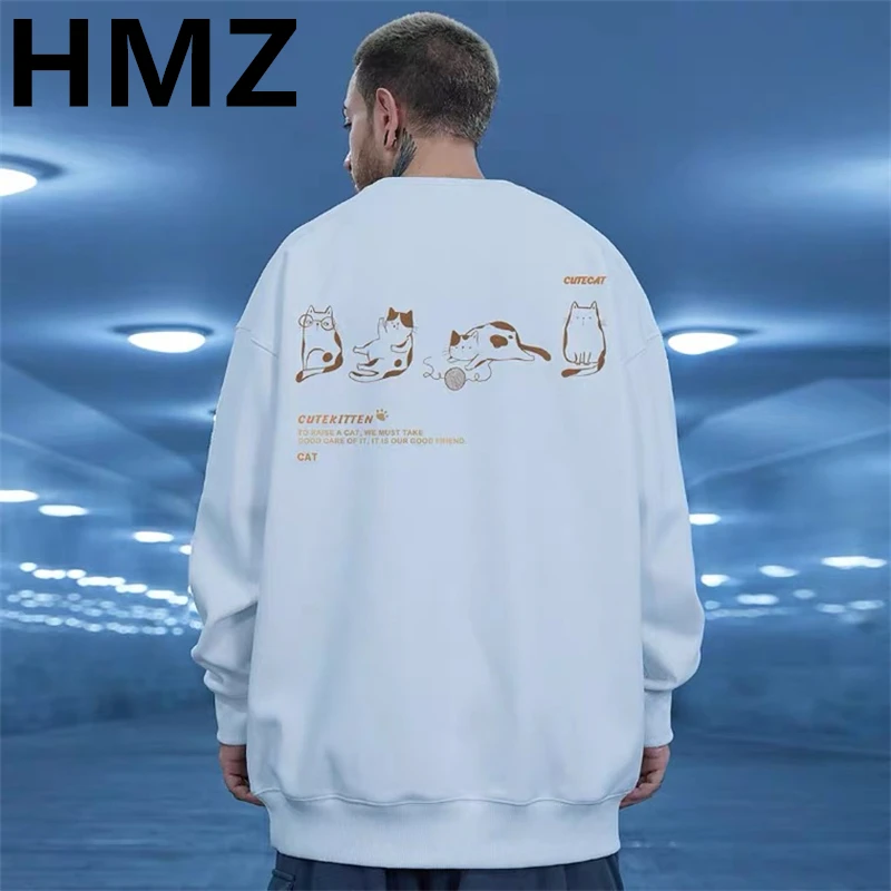 HMZ Autumn Harajuku Sweatshirts Designed Cat Print Streetwear Pullover Clothes Men Fashion Long Sleeve Sweatshirt Casual Men Top