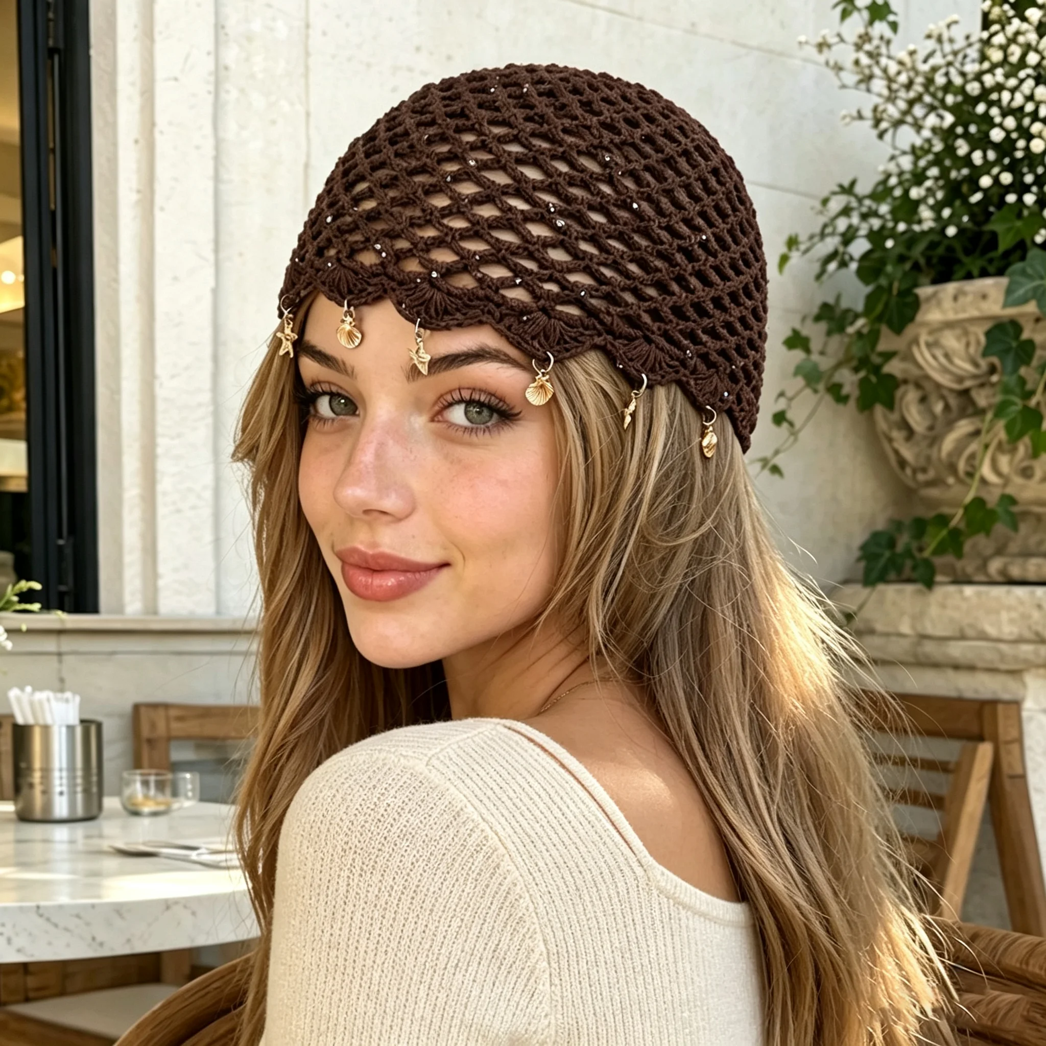New Sequin Crochet Hat Women's Shell Tassel Knitted Hat Korean Star Beanie Hollow Pullover hat Mesh Turban Hat Beach Skull Hat