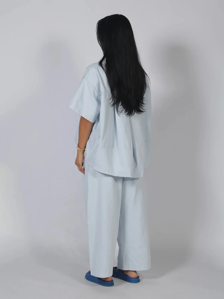 Denim-Übergrößen-Oberteil und Hosen-Set für Damen, Street-Style O-Ausschnitt Kurzarm mit Unregelmäßigem Saum, Lockere Oberteile und Weite Hosen, Schicke Damen-Outfits – Detail 4