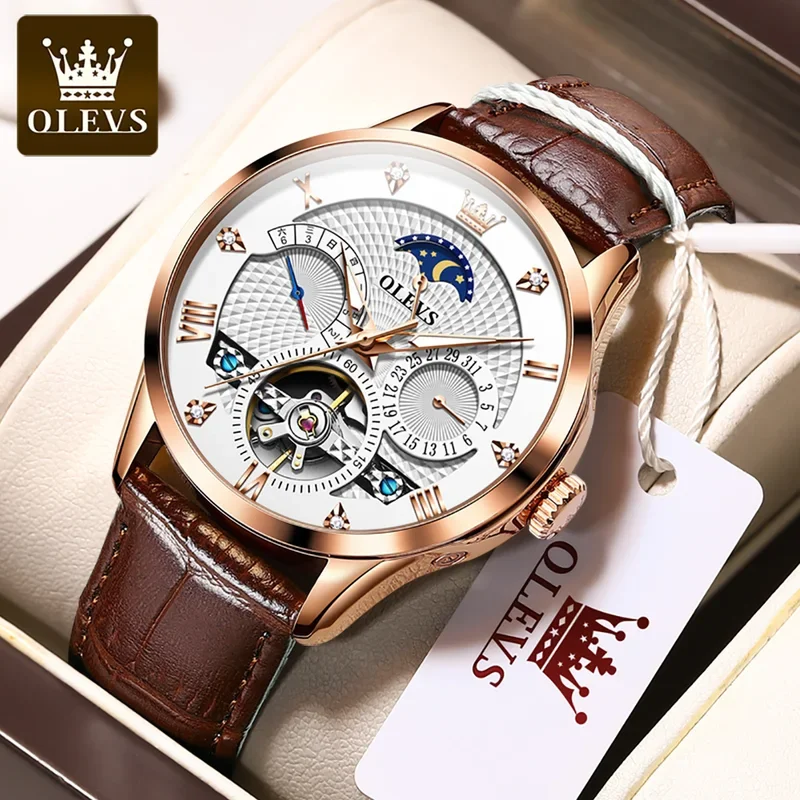 OLEVS  6652 Flywheel Skeleton Automatic Watch Men Leather Strap Calendar Multifunctional Waterproof Luminous Moon Phase