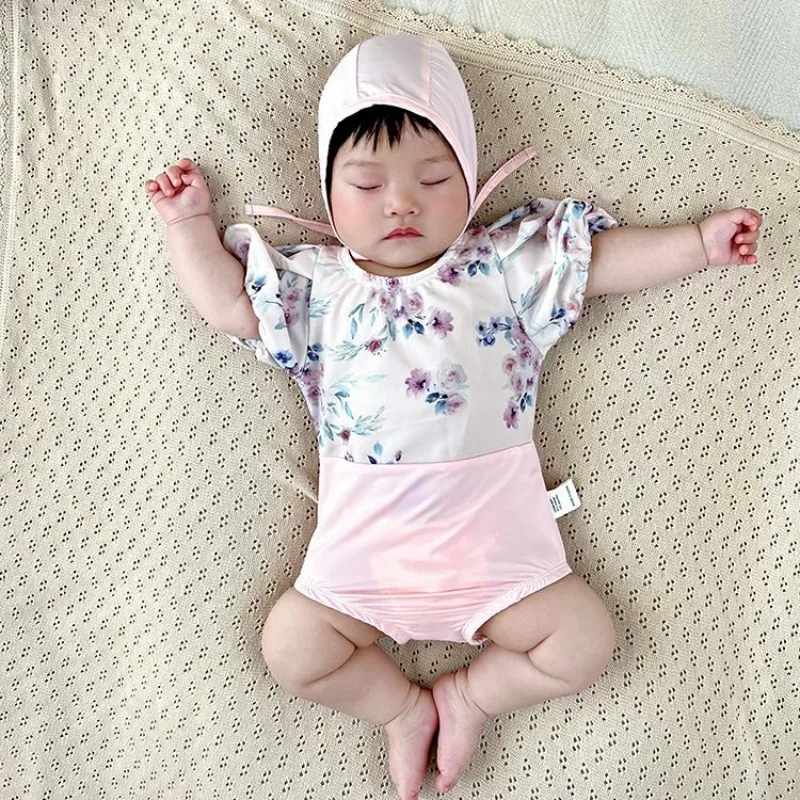 ZOETOPKID One-Piece Puff Sleeves Swimsuit for Little Girl Rompers Swimming Wear Baby Girls Pink Bodysuit with Free Swimwear Hat