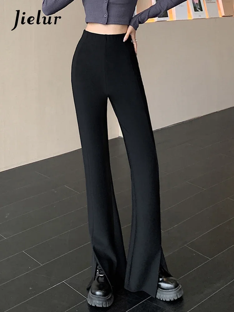 

Jielur High Waist Split Black Casual Flare Pants Slim Solid Color Fashion Female Streetwear Fake Pockets Simple Women's Pants