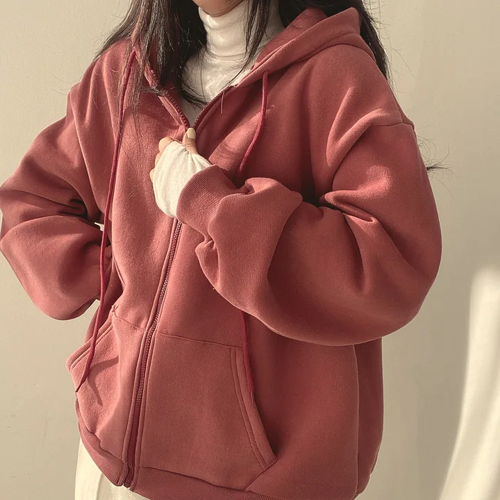 Women Hoodies 2024 Autumn Retro Solid Color Zip Up Oversized Sweatshirts Harajuku Version Long Sleeve Hooded Jackets Coat