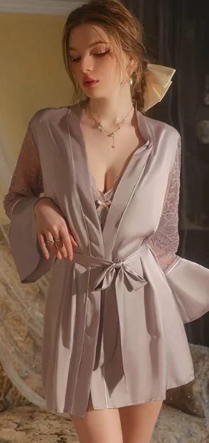 New Design Autumn Silk Nightgown Satin Suspenders Nightdress Women's Deep V Lace Pajamas 3 Pieces Home Dress Set