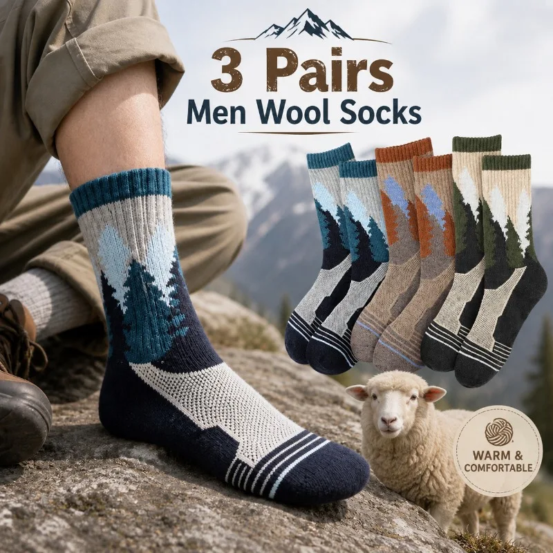3 Pairs Men's Wool Winter Socks Thick Tree Pattern Crew Socks Boot Sports Mid Tube Socks