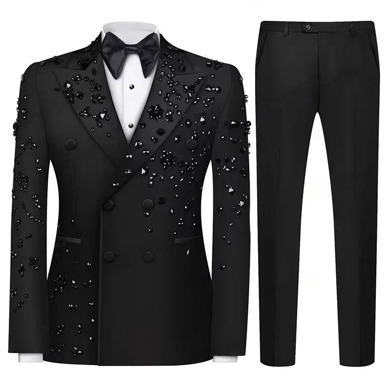 Fashion Burgundy Boy Suit Crystals Wedding Tuxedo Double Breasted Formal Child 2 Pieces Blazer Pants costume enfant garçon