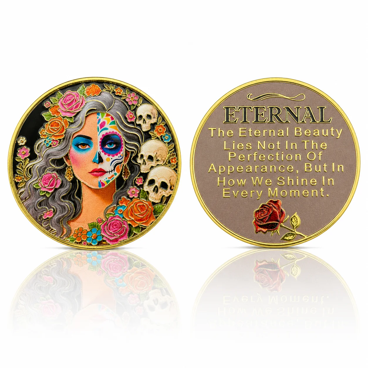 Day of the Dead Sugar Skull Woman Commemorative Coin Floral Rose Skeleton Collectible Medal Mexican Style Souvenir Gift