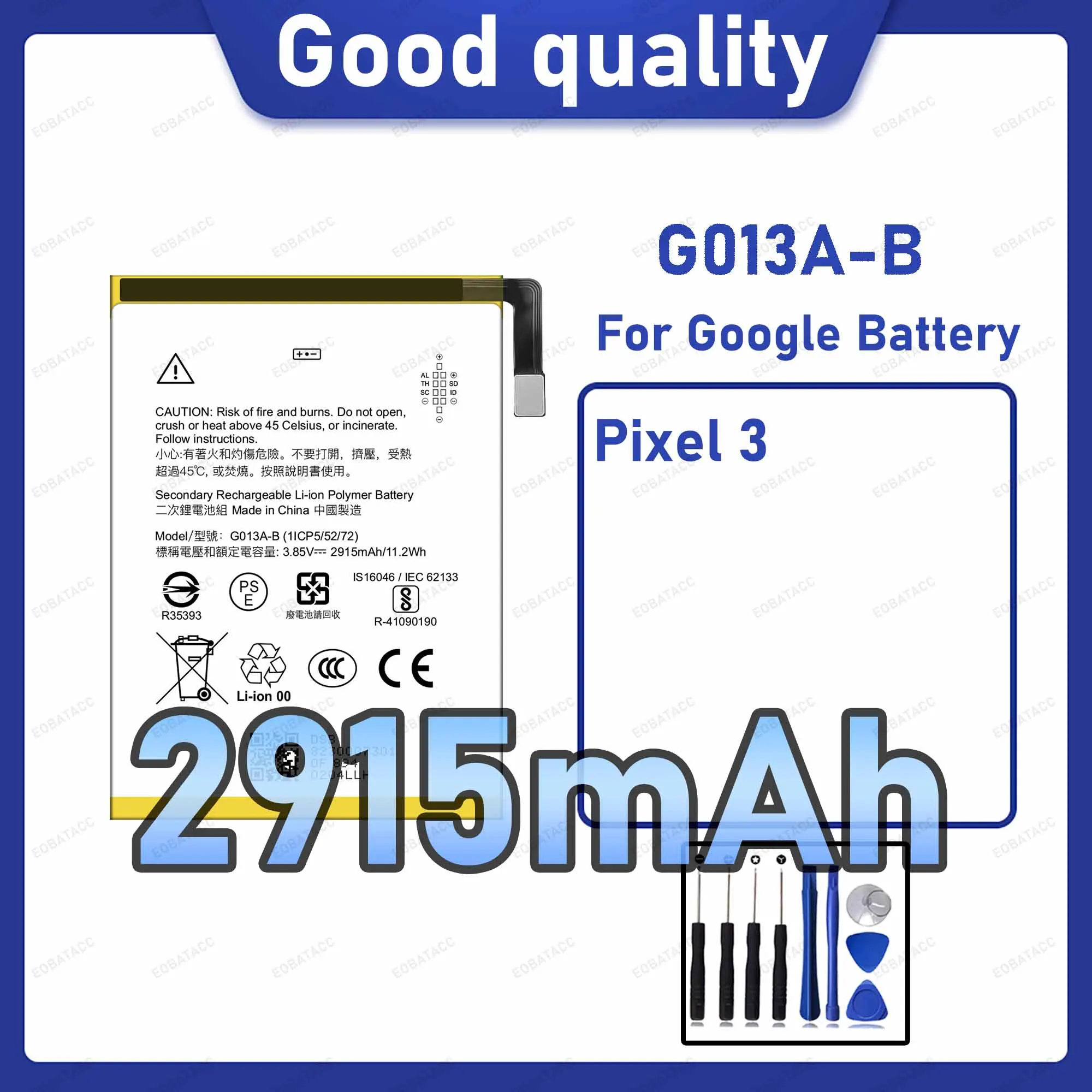 2915mAh G013A-B Replacement Battery for Google Pixel 3 with Repair Tools Kit