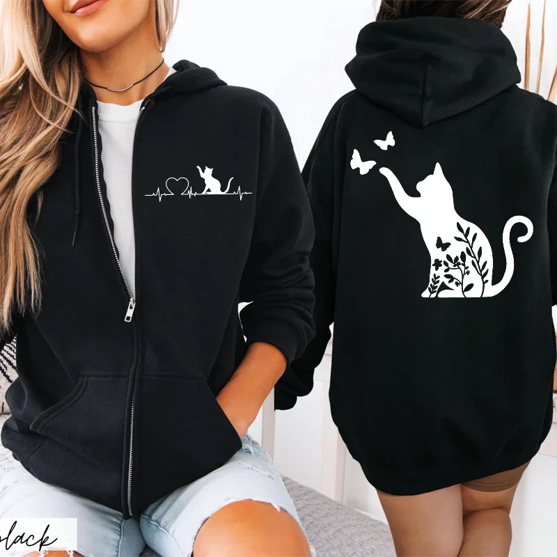 

Женские флисовые толстовки с принтом черного кота, спортивная одежда на молнии, толстовки с изображением кота, сердцебиение, Kawaii, женские толстовки на молнии, уличная одежда в стиле хип-хоп