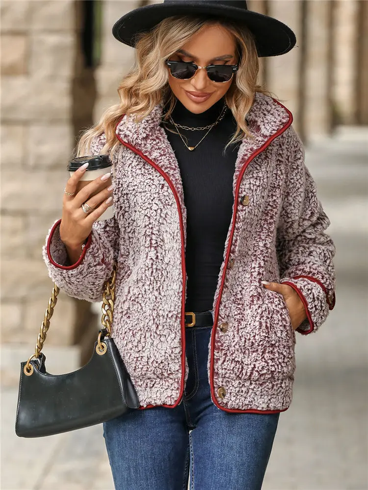 Women Winter Fleece Sweater Sherpa Fuzzy Button Cardigan Mixed Color Teddy Plush Tops Warm Streetwear Fluffy Jacket