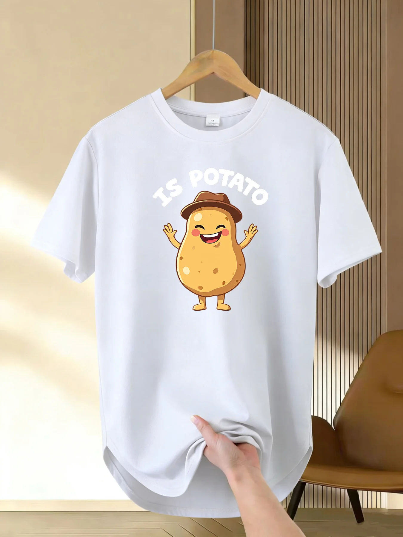 Mens Light Cotton T Shirt Cute Potato Character Print O Neck Short Sleeve Loose Fit Daily Summer Street Top For Young Adult Men