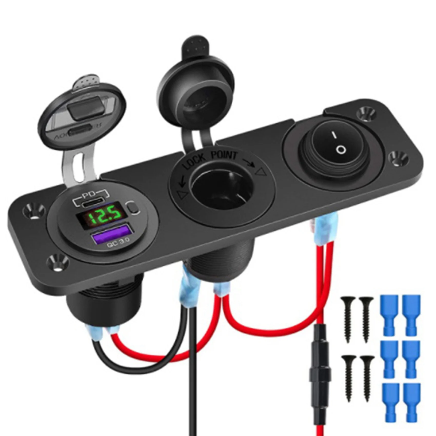 

Lighter Socket 12V/24V with Rocker Toggle Switch PD&QC3.0 USB C Outlet with LED Voltmeter Waterproof for Car Boat C