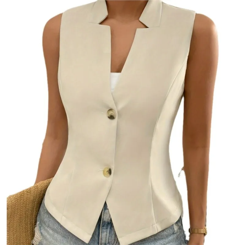 Dames Zomer Effen Kleur Mouwloos Pak Vest Jas Top Mode Temperament Dame Woon-werkverkeer Slanke V-hals Knoppen Vest Nieuw