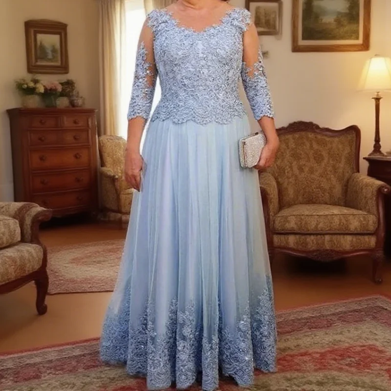 

Plus Size Mother of the Bride Dress for Wedding Party Light Blue Tulle Ladies Birthday Party Prom Gowns Customized