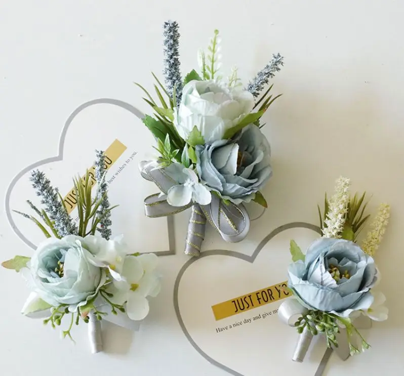 Ramillete de boda, pulsera de seda de rosas azules, flores, traje de novio, alfileres de broche de ojal, accesorios de matrimonio