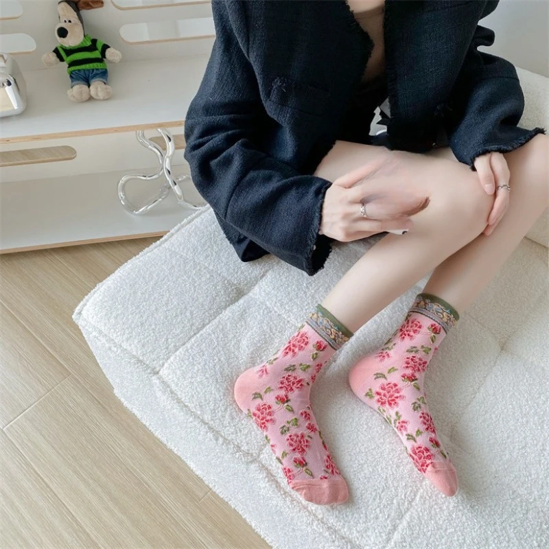 5 paia di calzini a fiori tridimensionali retrò primavera autunno moda etnica calzini da donna color block calzini comodi da donna