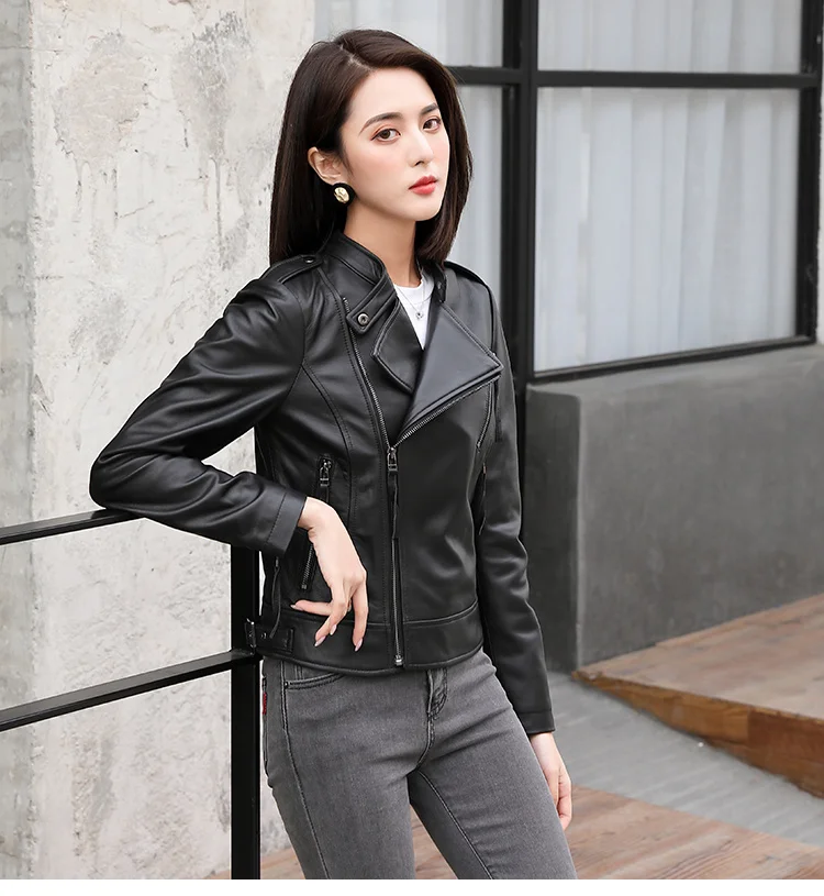 spring Free fashion Shipping,2023 women genuine leather jacket.New slim short sheepskin coat.motor style.quality sales