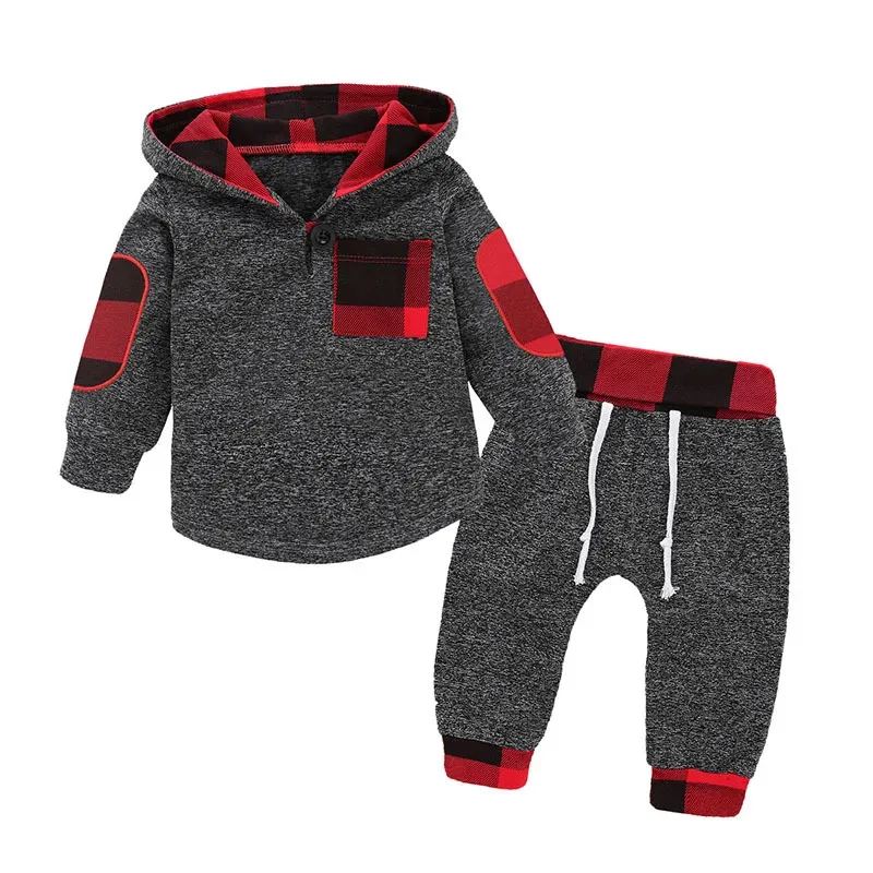 

Spring Autumn Newborn Baby Boys Clothes Casual Hoodie Plaid Splicing Long Sleeve Top +Pants Sports Suit Infant Clothing 0-3 Year