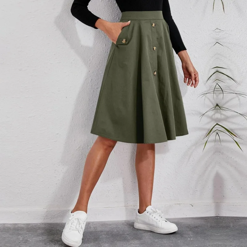 Wanita pinggang tinggi elegan A-line rok saku kancing desain temperamen wanita pakaian kasual wanita mode Perancis rok Midi