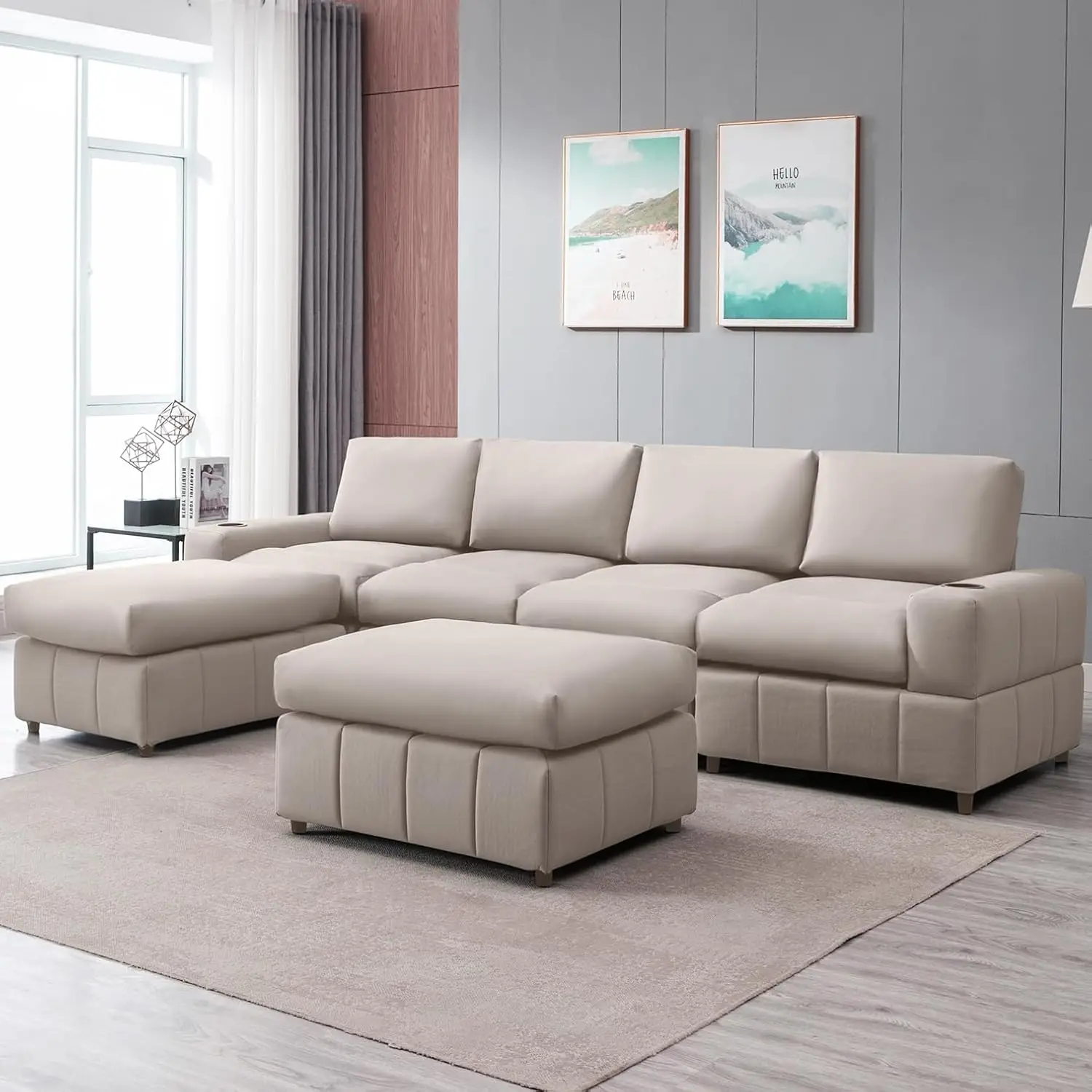 

Convertible Leather L Shaped Couch w/ Reversible Ottomans, 6 Seats Modular U-Shaped Sectional Sofa w/ Cup Holder for Living Room