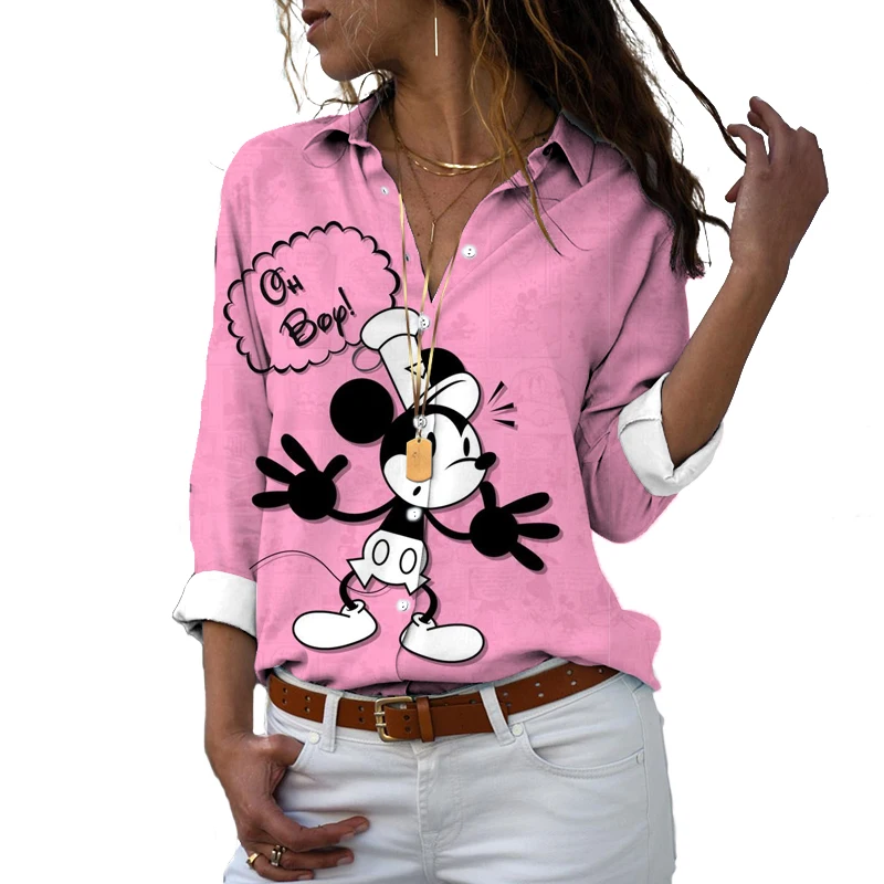 Camisa de manga larga Harajuku para mujer, camisa con estampado 3D de dibujos animados de Mickey y Minnie, solapa de un solo pecho, estilo callejero, y2k, Otoño, 2024