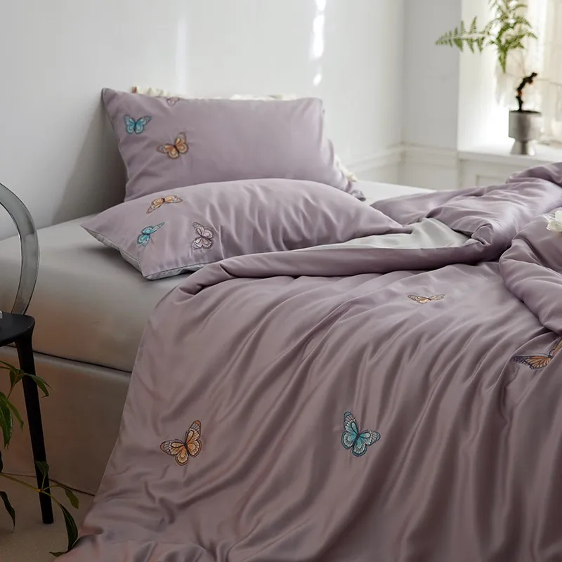 

600TC Eucalyptus Lyocell Soft Silky Bedding Set Double Queen Chic Embroidery Butterfly Violet Duvet Cover Bedsheet Pillowcases