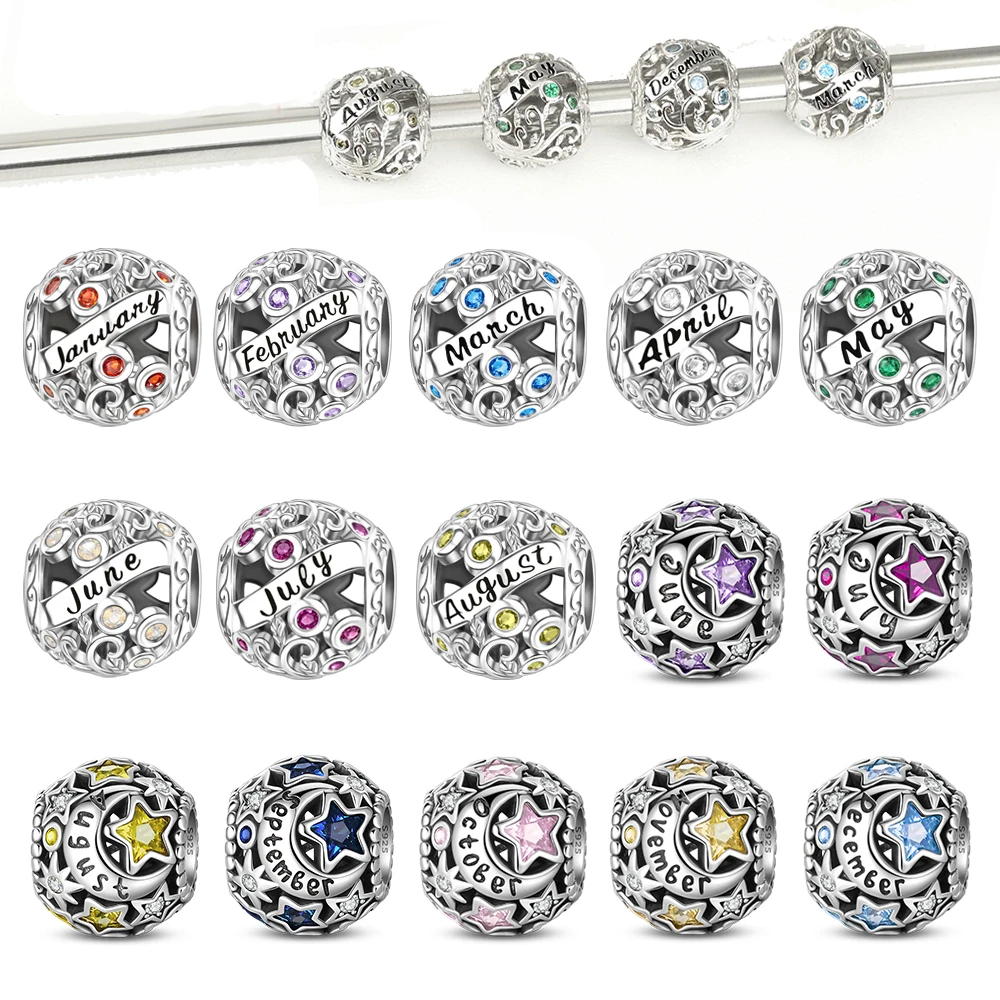 Exquisite 925 Sterling Silver December Multicolored Birthstones Stars Moon Beads Fit DIY Bracelet Necklace Birthday Gifts