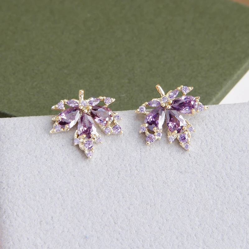 2023 New Purple Crystal Maple Leaf Stud Earrings for Women Fashion Brand Jewelry Set Adjustable Rings Chain Necklaces