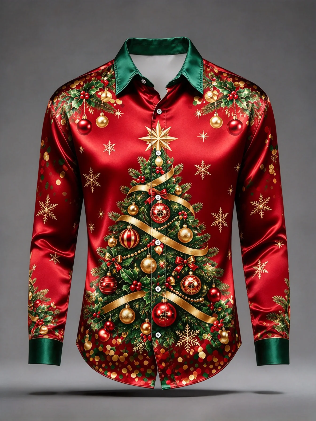 Men Satin Long Sleeve Lapel Shirt Christmas Tree Bauble Snowflake Print Button Up Shirt Holiday Party Red Slim Tops