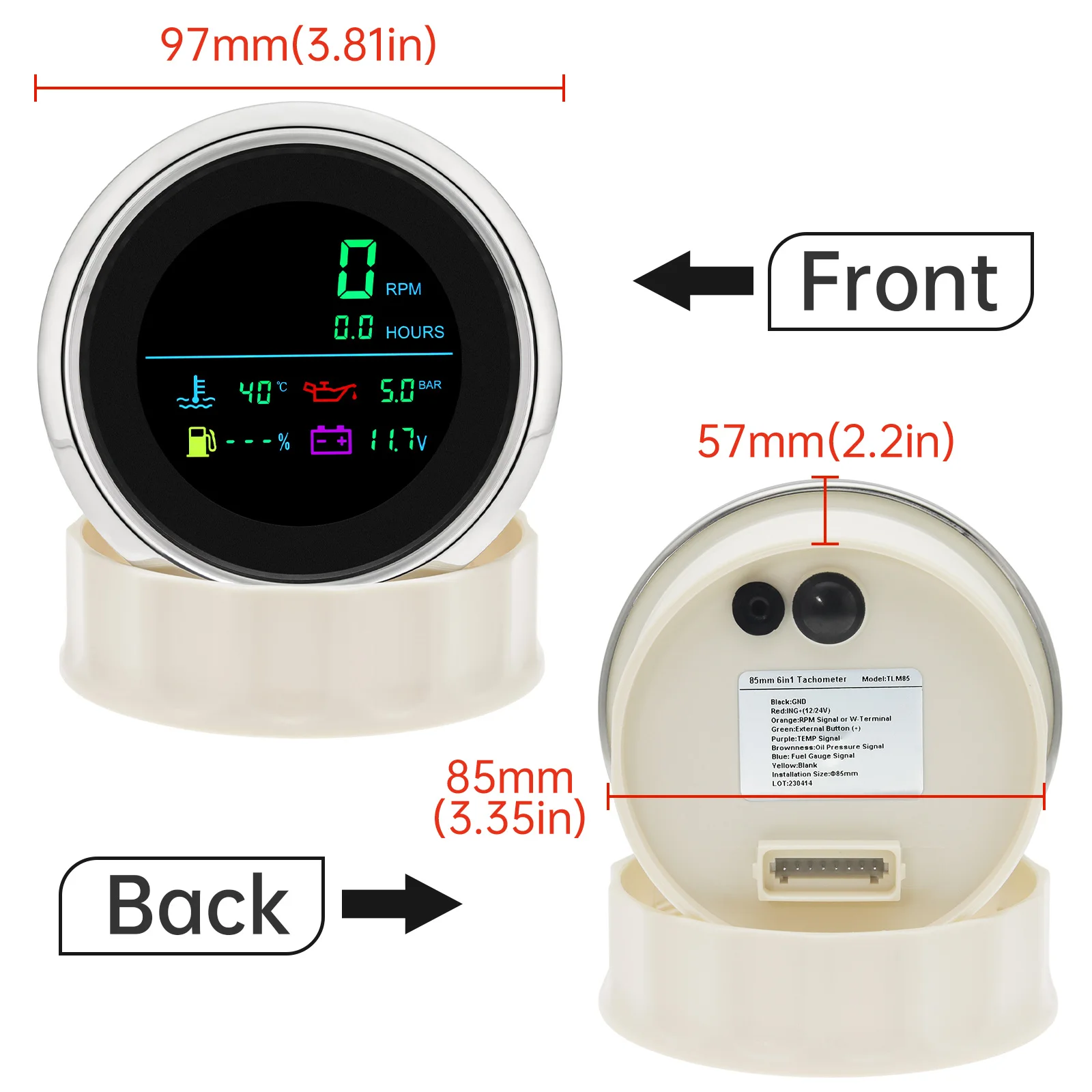85mm 6 in 1 LCD MultiFunction Tachometer Fuel Level Gauge Water Temperature Oil Pressure Voltmeter Hour Meter For Boat Car 12V