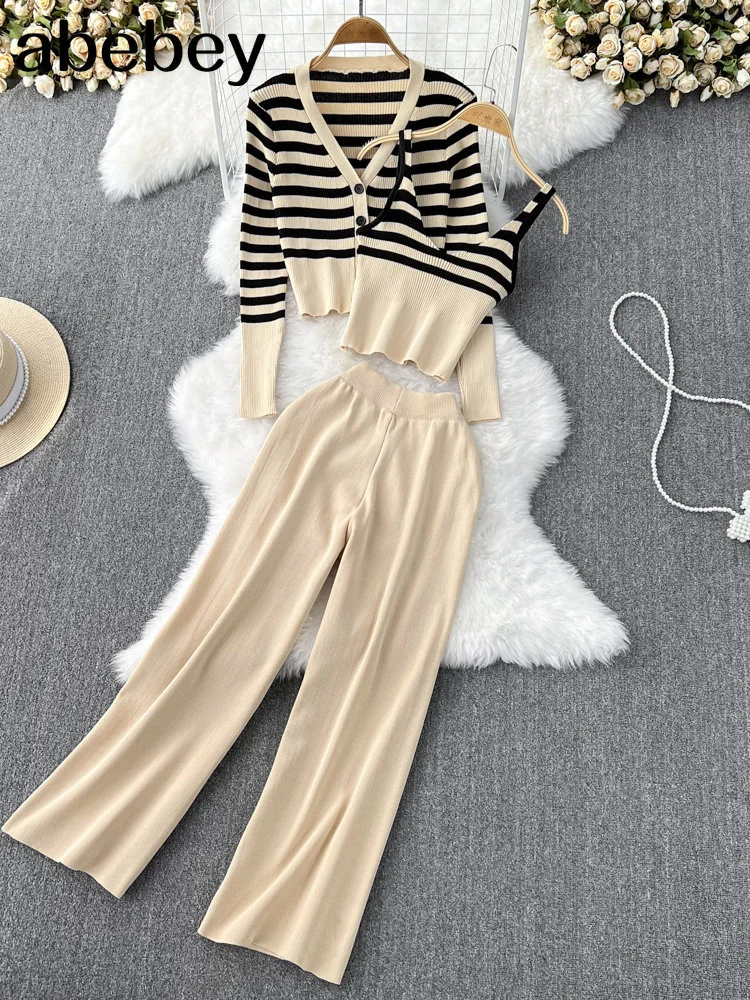 Winter Casual Knit Three Pieces Suits Women Long Sleeve Shawl Cardigan+V Neck Sweater Tank Top+Wide Leg Pant Sets Outfits