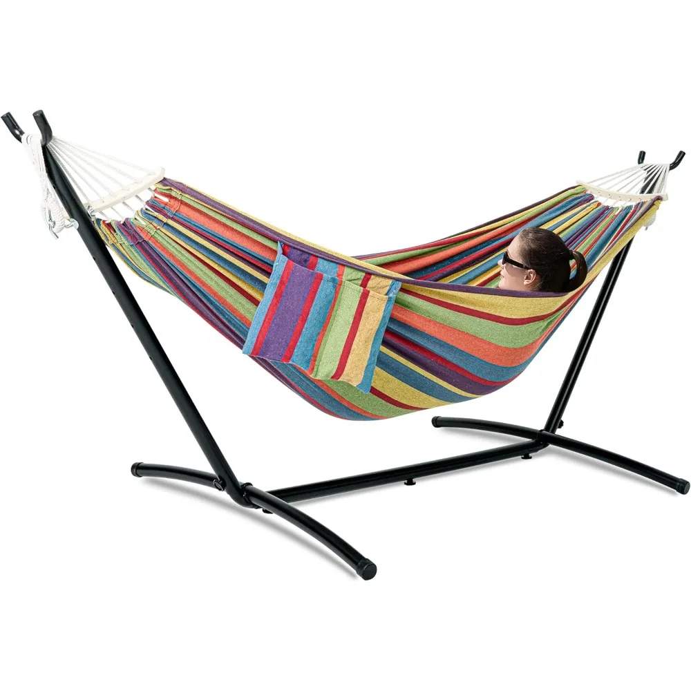 

Double Hammock with Stand for Outside, Upgraded Spreader Bar, Heavy Duty Space Saving Steel Stand 2 Person, Side Pockets, Easy A