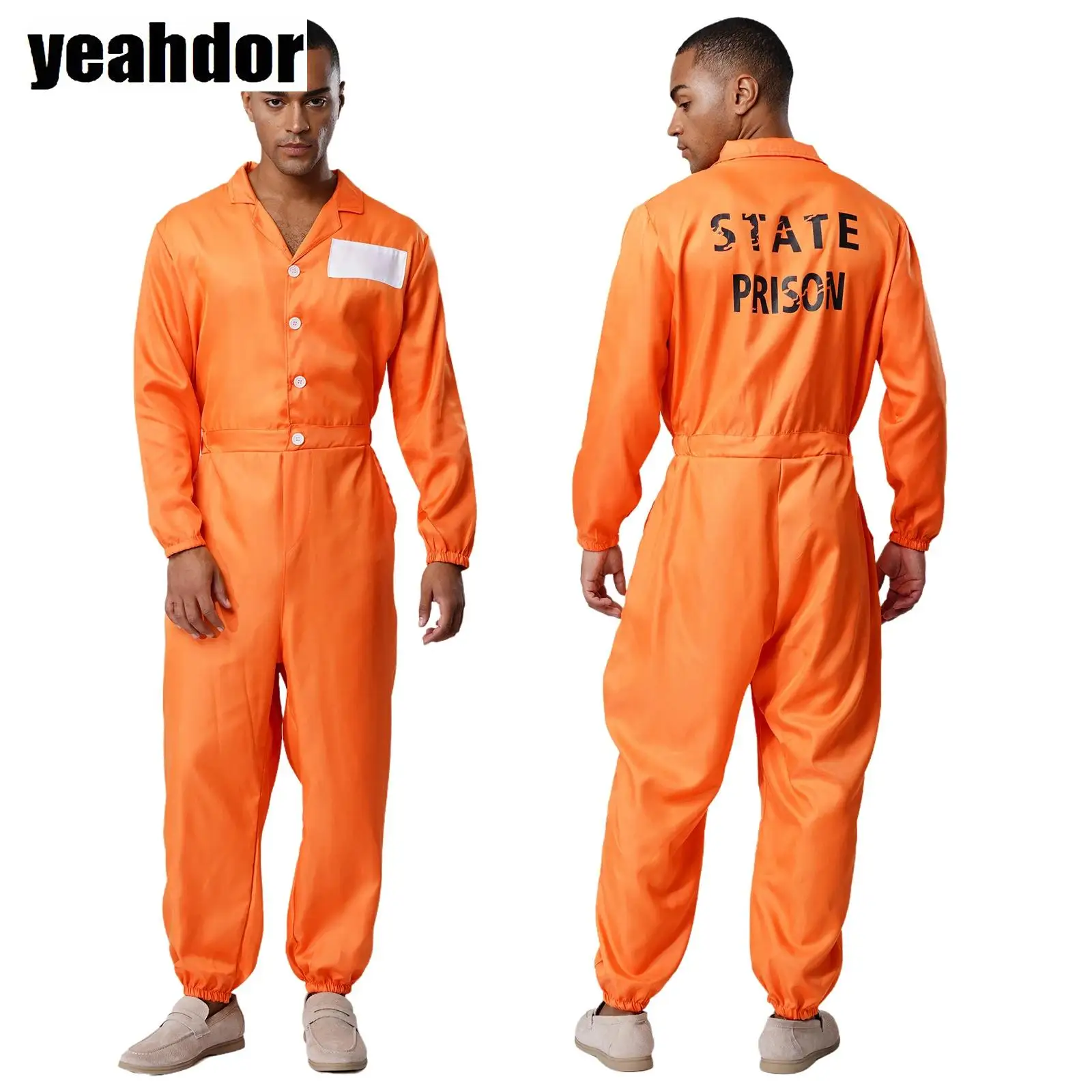 

Adult Inmate Costume Halloween Prisoner Cosplay Jumpsuit Lapel Long Sleeve One Piece Unitard Men Orange Prisoner Jail Uniform