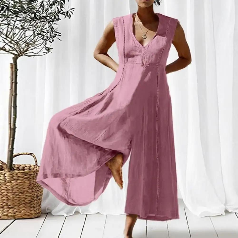 Women Jumpsuit Cotton And Linen Wide Leg V-neck Pure Color Lady Summer Jumpsuit Loose Low-cut Plus Size Female Jumpsuit Rompers