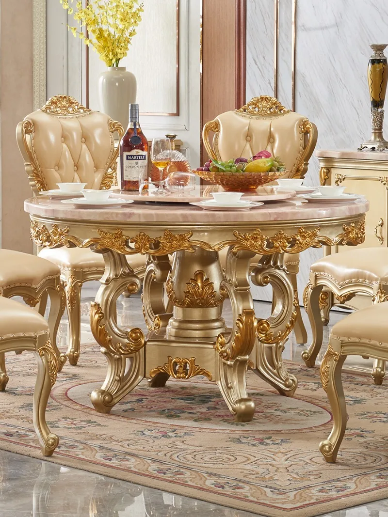 طاولة رخامية مستديرة من الخشب الصلب على الطراز الأوروبي مع طاولة طعام دوارة وكرسي مجموعة مطعم شامبانيا #2