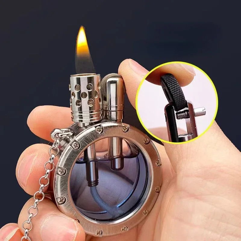 New Portable Round Kerosene Lighter Handmade Pure Copper Gasoline Lighter with Transparent Fuel Tank Collection Men's Gift