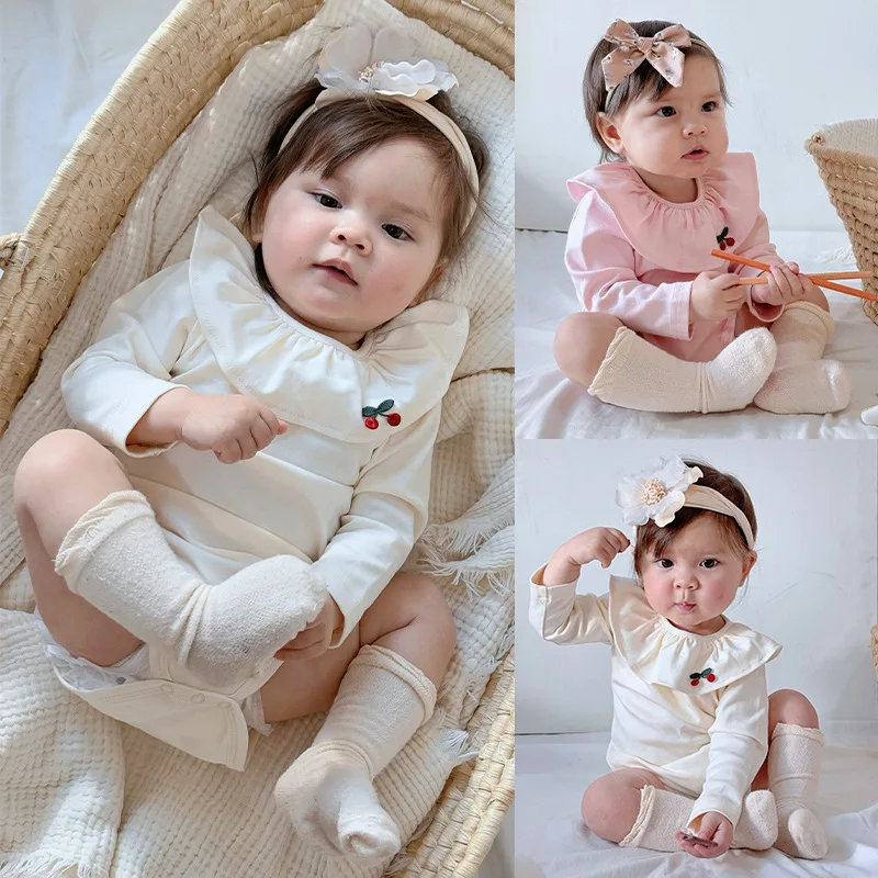 

2025 Autumn Newborn Girls Bodysuit Cherry Embroidered Pure Cotton Kids Babys Girl Onesie Solid Long-sleeve Infant Girls Jumpsuit