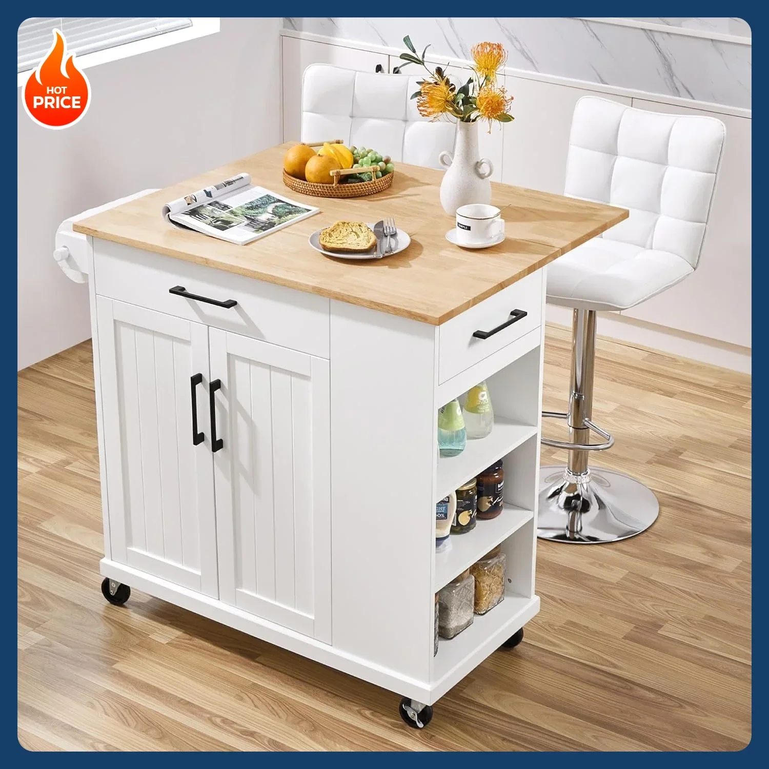 [Best Seller!]Rolling Kitchen Island Cart with Drop Leaf, Portable Rubberwood Breakfast Bar with Storage Cabinet, Open Shelves &