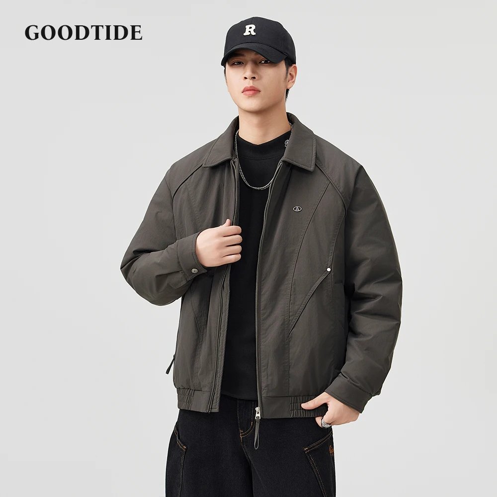 

Fashion Men's Casual Zip Up Bomber Jacket 2025 Winter New Lapel Collar Ribbed Hem Loose Fit Design Warm Men Down Jacket Top