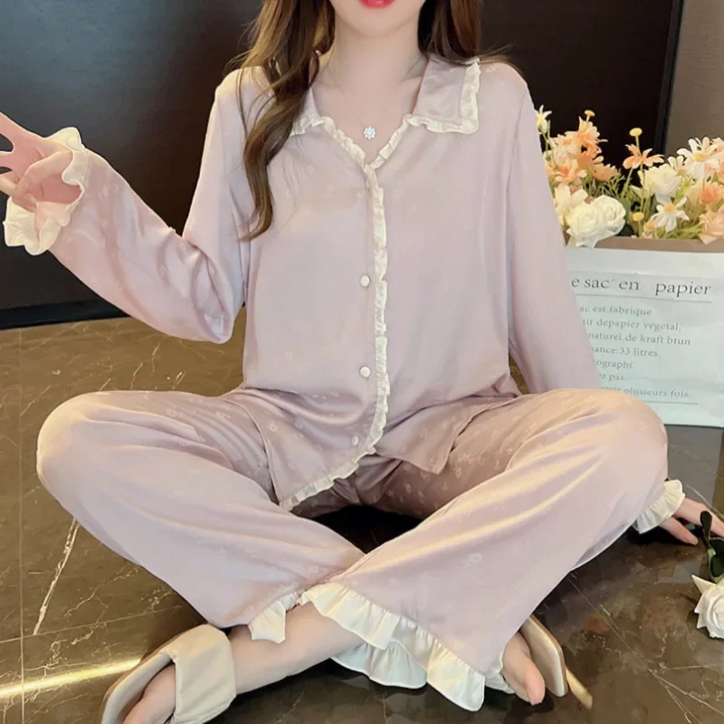 Cute Girl Princess Style Satin Silk New Spring and Summer Long-sleeved Trousers Two-piece Set Student Dormitory Home Wear Pink