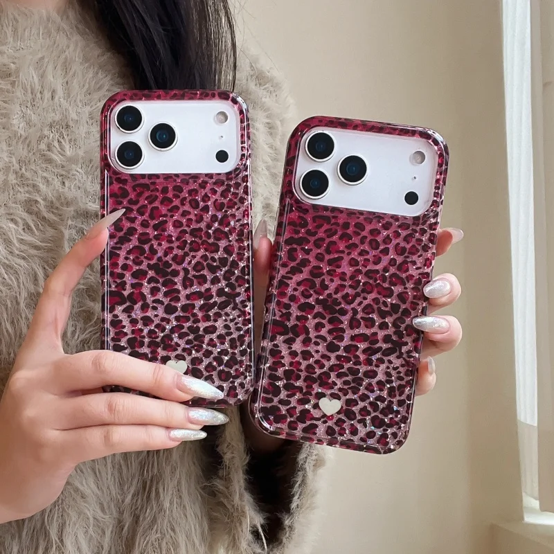 Fashion Glitter Pink Leopard Print Phone Case For iPhone 17 Pro 16 15 14 Pro Max Cover Shockproof Cute Cases For Apple 17 Promax
