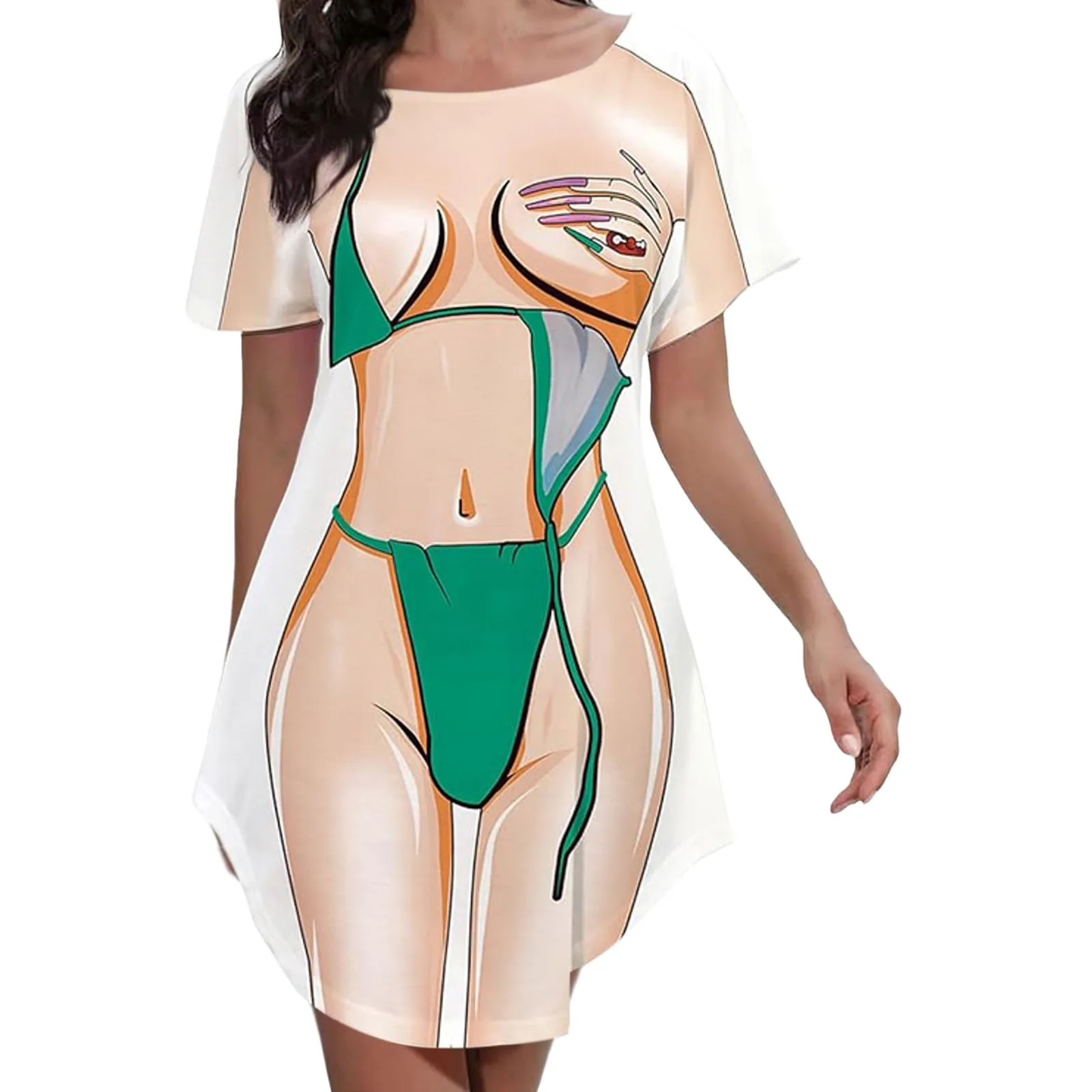 Robe décontractée à manches courtes et col rond pour femmes, vêtements amusants, bikini imprimé en 3D, robe de plage, couverture mignonne créative, été, 2024